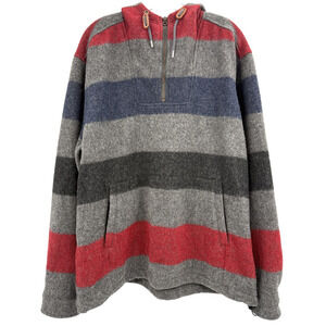 Woolrich Pullover Sweater Mens‎ Large Gray Red Blue Striped Hooded Wool USA Made